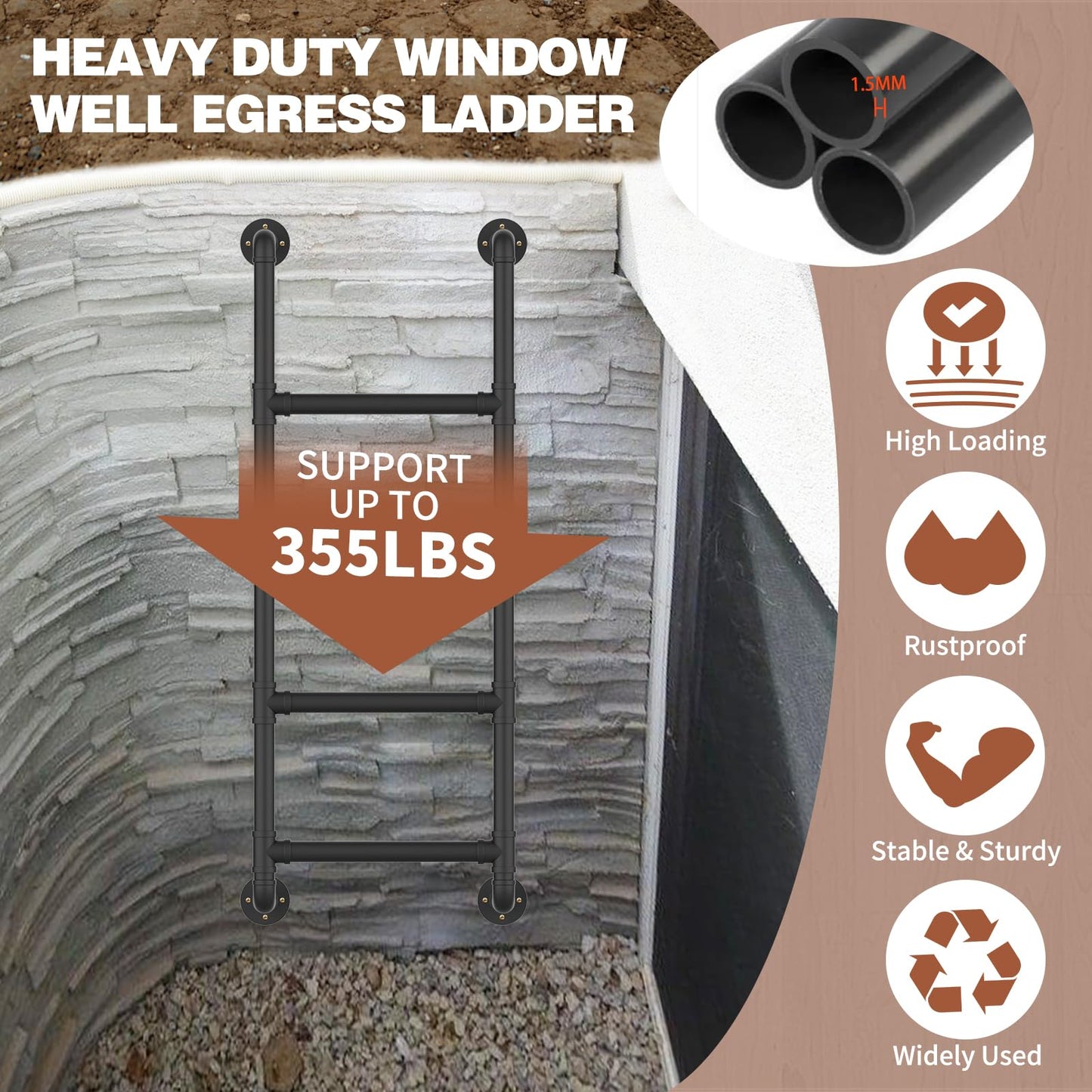 4-Rung Wall Mounted Metal Step Ladder, Basement Window Well Egress & Fire Emergency Escape Ladder, for High Entrance Attic Egress Ladder, Bunk Bed Climbing(355LBS Load Capacity, Matte Black)