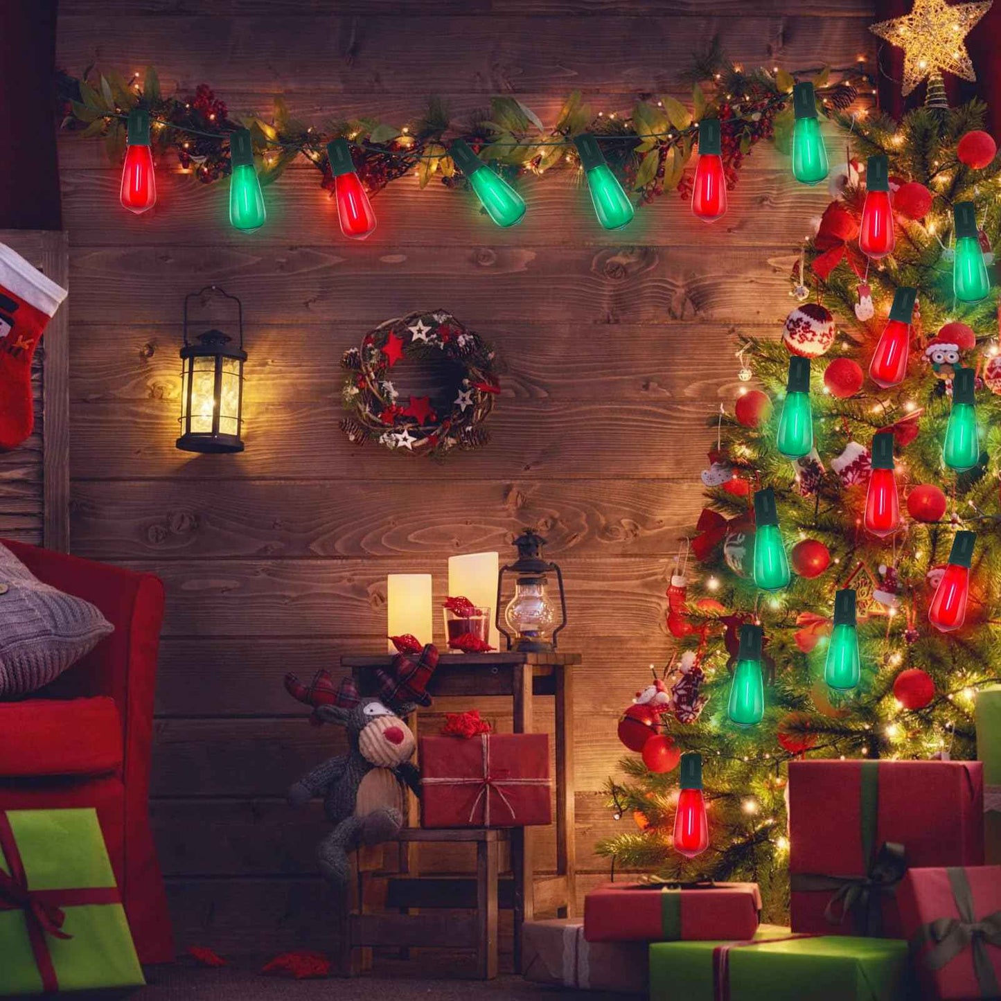 GOOTHY LED ST40 Red and Green Outdoor String Lights, 45FT Patio Lights Waterproof with 30 LED Red Green Shatterproof Bulbs, Hanging Outdoor Light for Home Party Backyard Garden Christmas Decorations