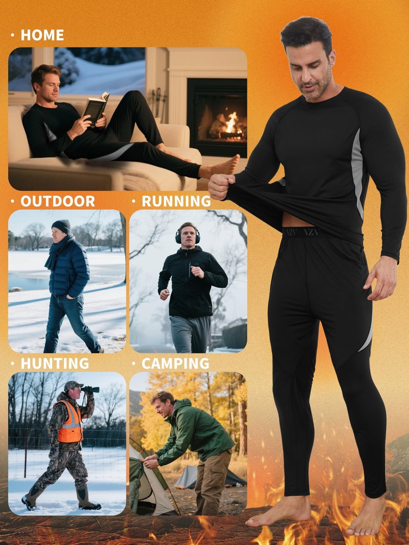 VZV 3 Pack Thermal Underwear for Men Fleece Lined Long Johns for Men Thermal Underwear Base Layer Top and Bottom Set
