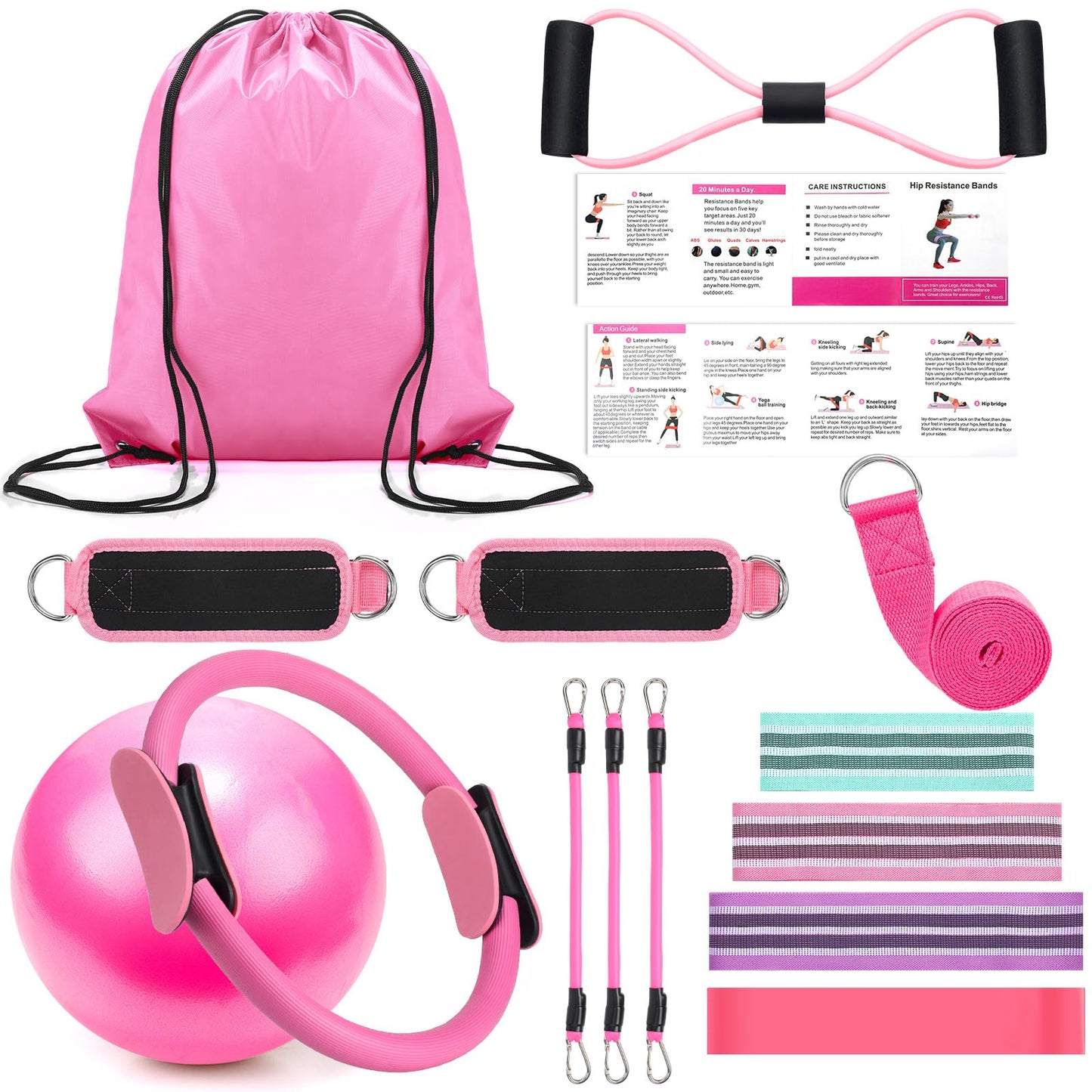 RoundFunny Pilates Ring Circle Set 15 Pcs Exercise Equipment Accessories for Women Workouts Pilates Ball Stretching Strap Gym Backpack Resistance Band Arm Stretcher for Training Body Shape
