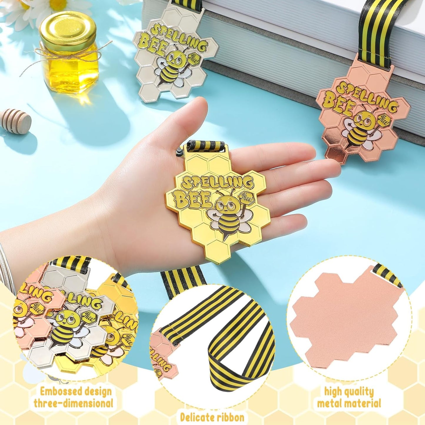 Remuuly Spelling Bee Honeycomb Medals - 1st, 2nd, 3rd Place Awards with Neck Ribbons | 3.2 x 2.8 Inches (Classic)