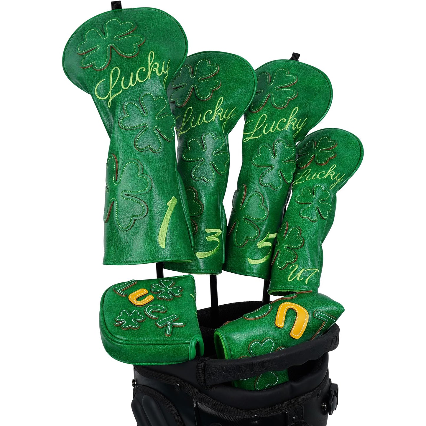 Golf Headcovers Golf Club Head Covers Four Leaf Clover Good Luck Charm - Clover Style Premium Leather Driver Fairway(FW) Wood Hybrid(UT) with Number Tags (Fairway Wood 3 Headcover-Green)