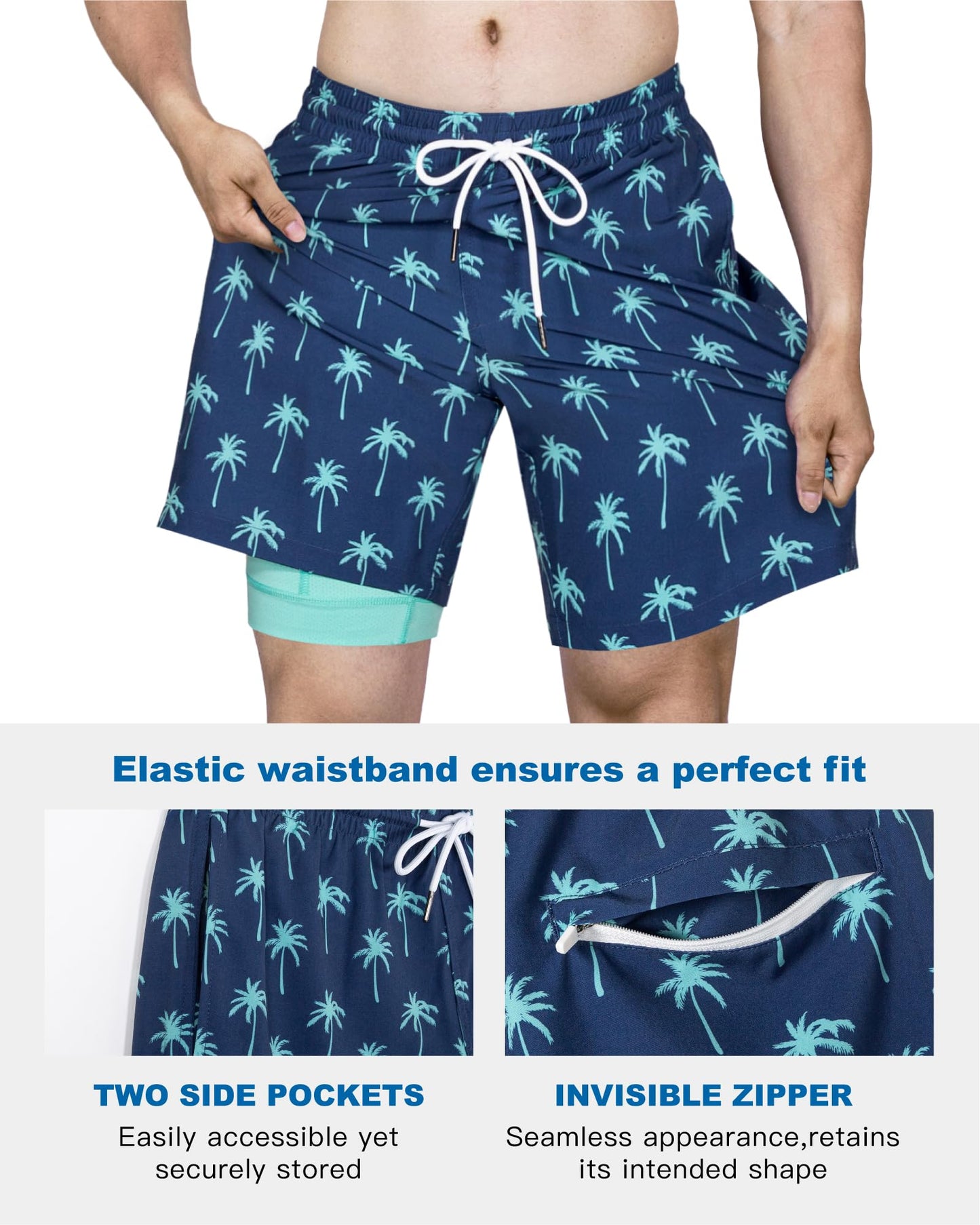 SURF CUZ Mens Swim Trunks with Compression Liner Quick Dry Swim Shorts 7" Swimming Trunks Stretch Bathing Suit Zipper Pockets,Beachside Palms,S