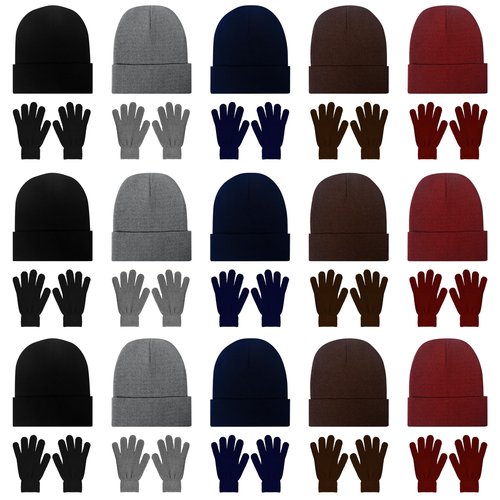 LYDTICK 30 Pack Winter Beanie Hats & Gloves Bulk for Men Women, Wholesale Cold Weather Warm Cozy Gift, One Size Multicolor
