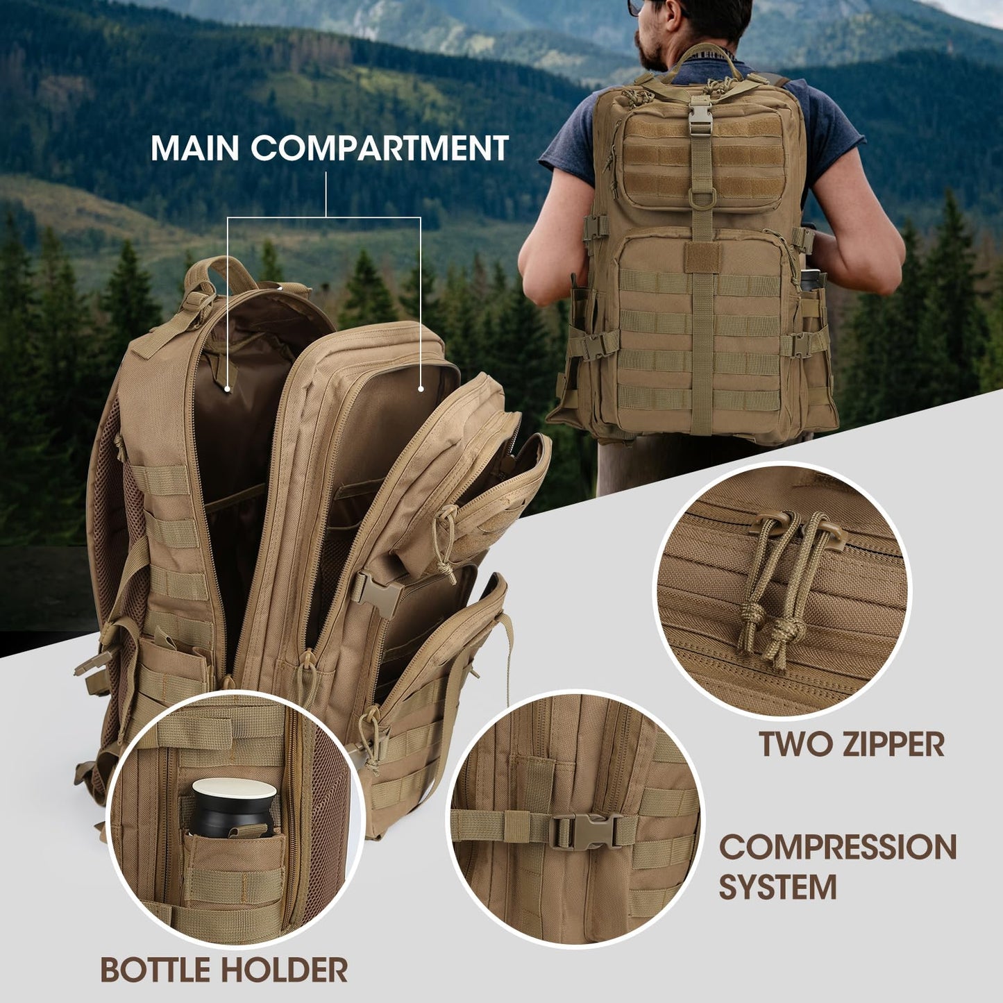 REEBOW GEAR Military Tactical Backpack for Men 3 Day Survival Bag Tan