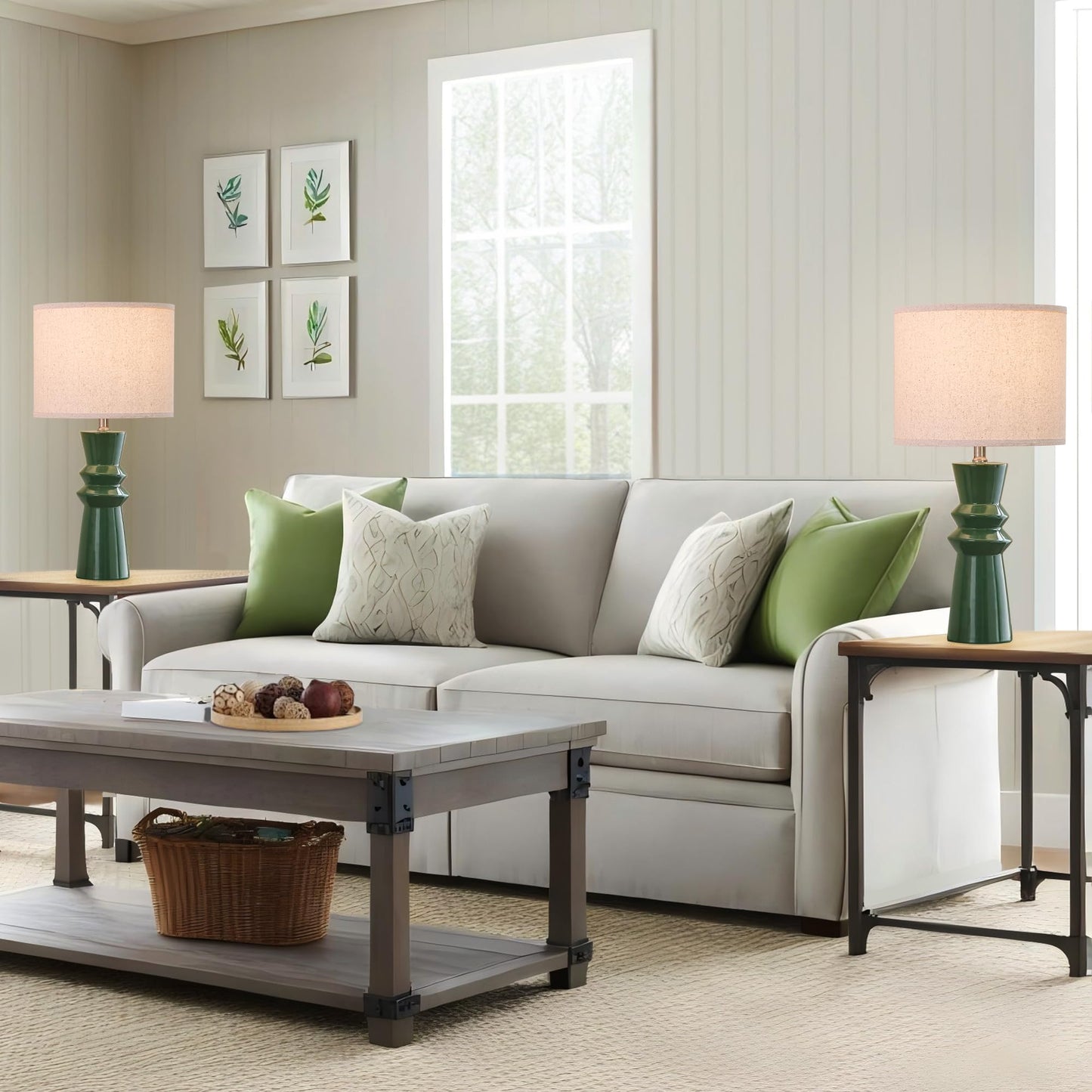 HGNPJC 24.75" Green Ceramic Table Lamp Set of 2-3-Way Dimmable Nightstand Lamps with Pallid Shade for Bedroom Farmhouse Bedside Nightstand Bedside Lamp End Table Lamps (Dark Green)