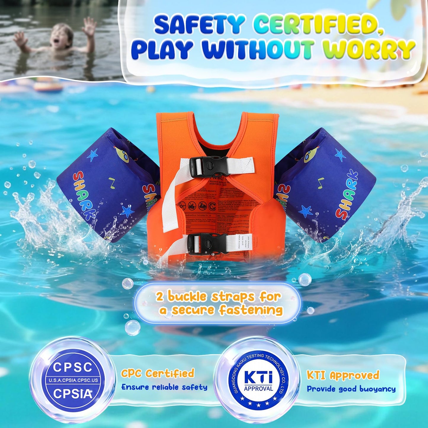 MoKo Toddler Swim Vest for Kids, Arm Floaties for Toddler 20-30-50 lbs, Water Wings with Emergency Whistle, Cute Arm Band Pool Floaties Swim Training Equipment for Pool, Orange Blue Headset Shark