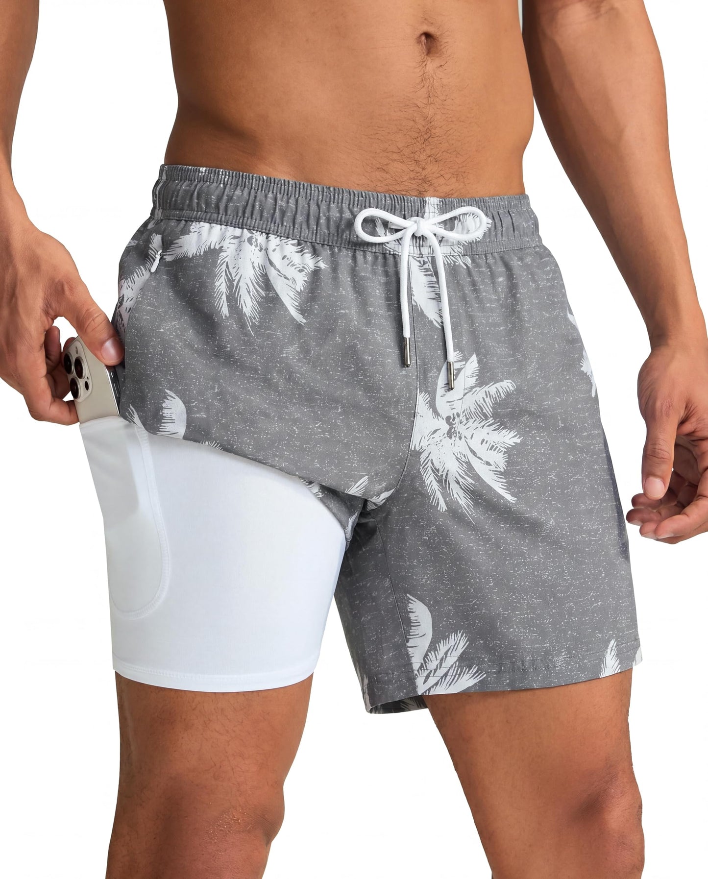 maamgic Mens Swim Trunks with Compression Liner 5 Inch, Quick Dry Bathing Suit with Zipper Pockets, Stretch No-Chafing Swim Shorts, Gray-Palm Tree X-Large
