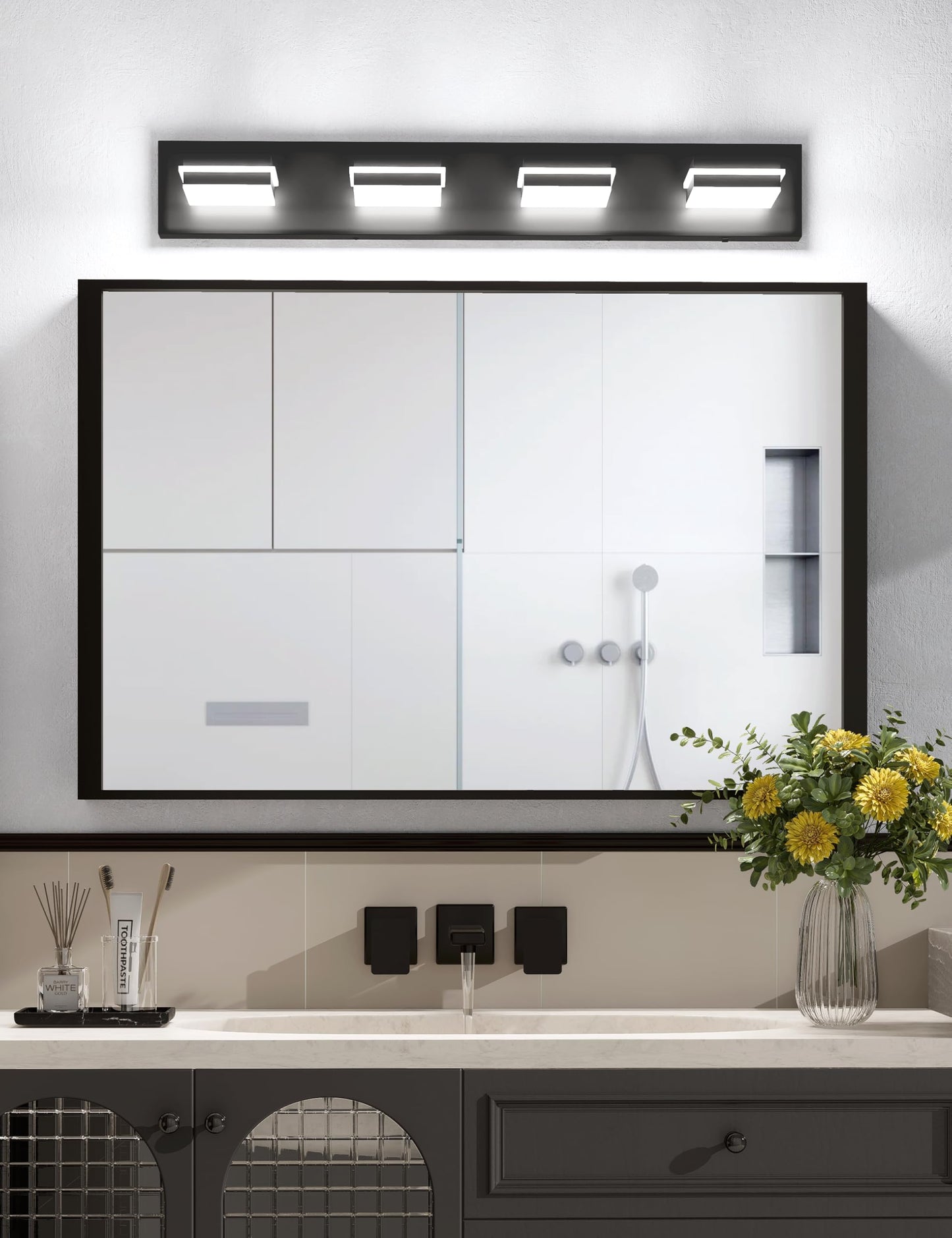 VOLISUN 4 Light Bathroom Vanity Light Fixtures,30 inch Black LED Bathroom Lighting Fixtures Over Mirror, 360°Rotatable Head, LED Vanity Lights for Bathrooms (6000K)