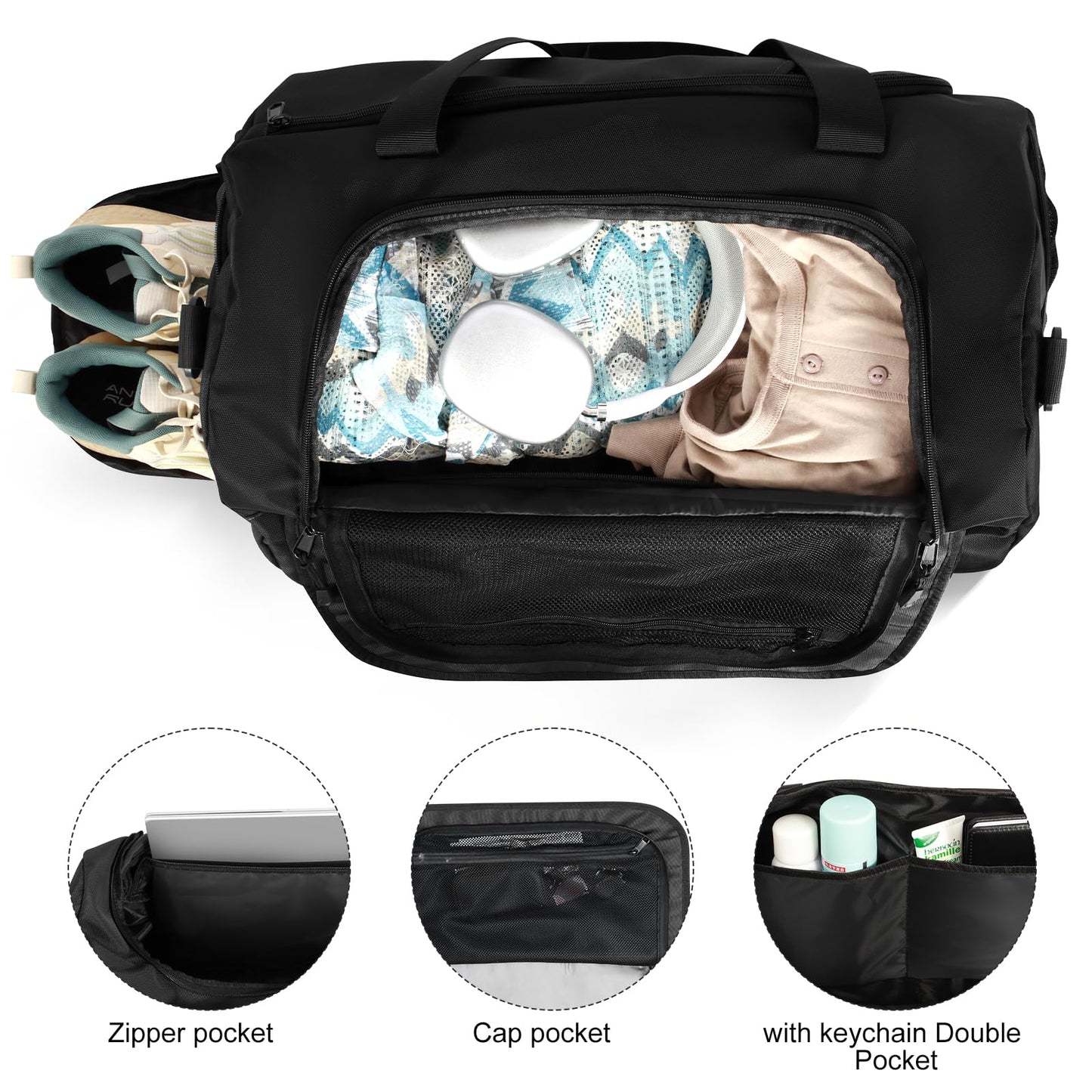 FINYIOE Gym Bag for Men Women With Shoe Compartment & Wet PocketWater Resistant Sports Gym Bag 、shoulder bag、messenger bag Carry On Duffel Bag forWeekend Overnight Traveling (black)