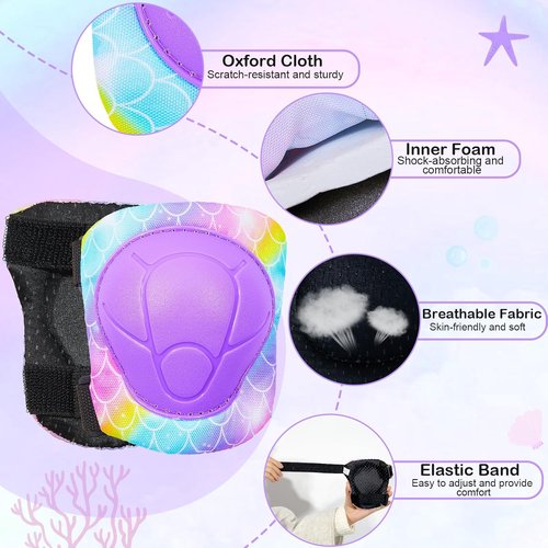 FIODAY Kids Knee Pads - Adjustable Elbow Pads & Wrist Guards for Roller Skating | Rainbow Mermaid, 3-8 Years