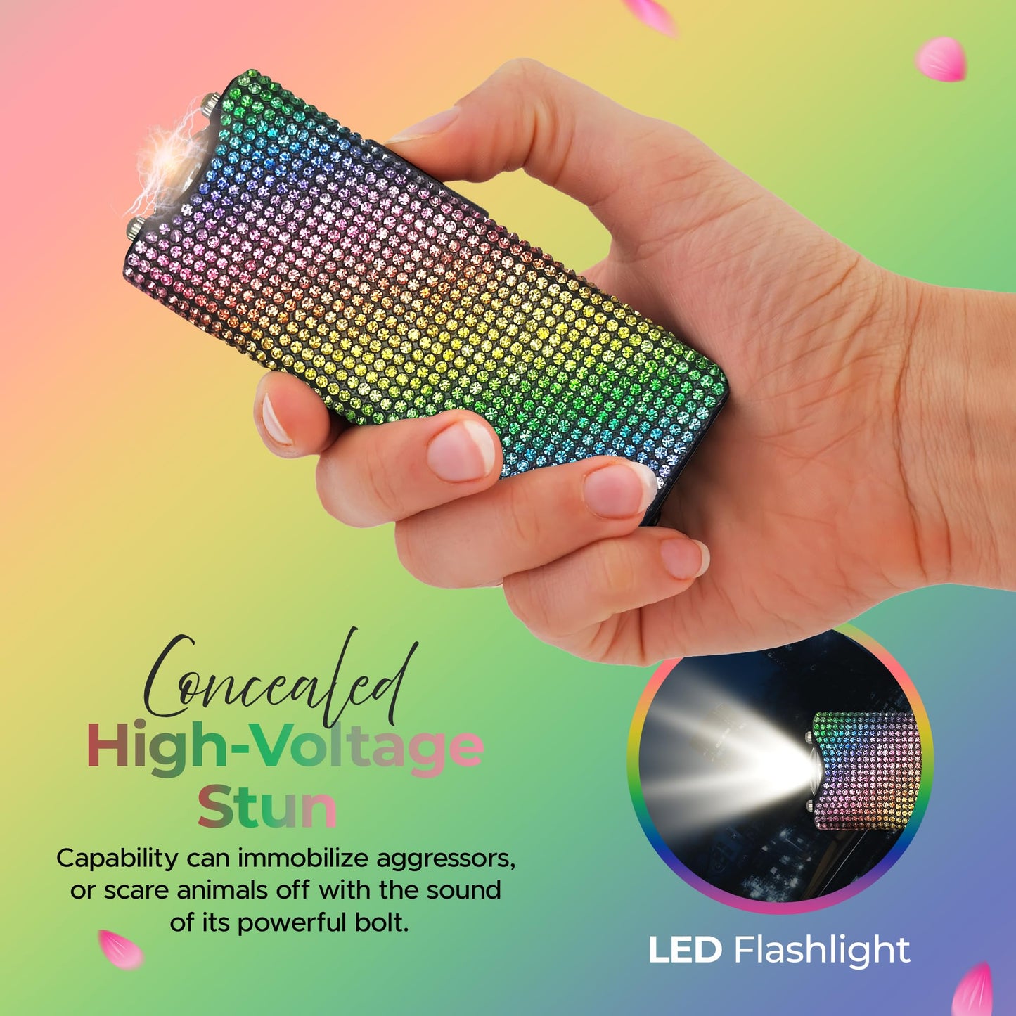 FURY Gem Stone Pepper Spray Stun Gun Combo - Stylish Multi-Color, 12ft Range, UV Dye Identifier, Flashlight, Rechargeable, Self-Defense Kit, Personal Safety, (Rainbow)
