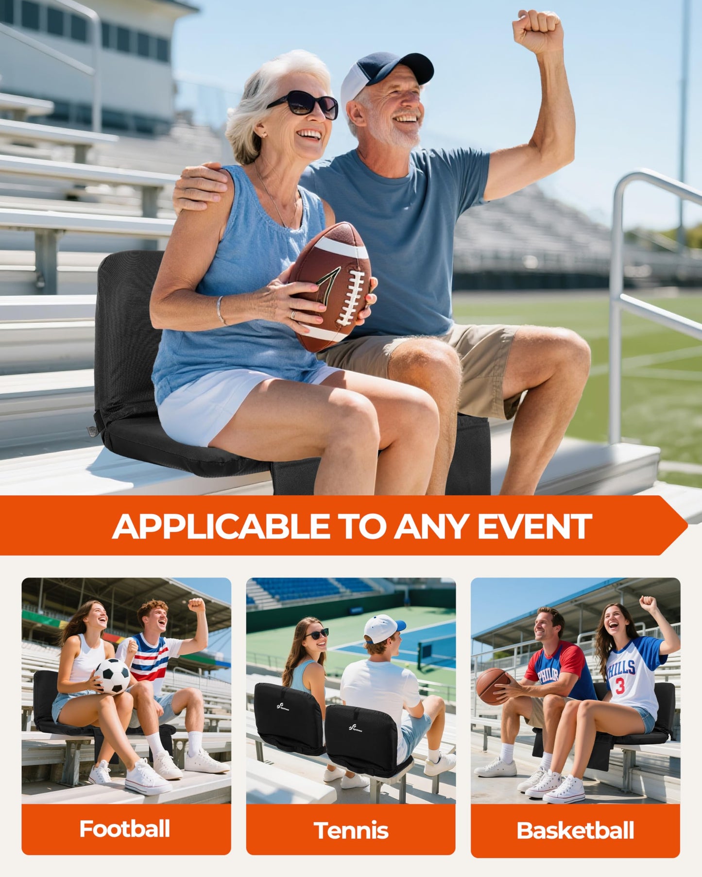 Sportneer Stadium Seats with Back Support: 6 Reclining Positions Bleacher Seat with Carry Handle & Storage Pocket - Folding Bleacher Chairs with Back and Cushion for Sports Outdoors Events, Black