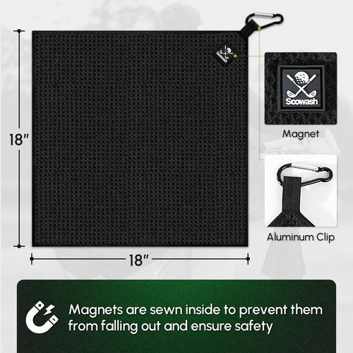 SOOWASH Magnetic Golf Towel 2-Pack, 18x18 Inch Microfiber Waffle Design with Strong Magnet - Golf Towels for Golf Bags/Carts, Quick-Dry & Ultra Absorbent(Black)