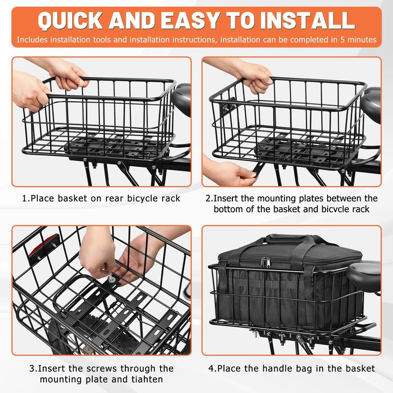 CDYWD Bike Basket Rear for Men Women, Large Bicycle Rack Basket for Adult Bikes with Removable Liner Bag & Waterproof Cover, Heavy Metal Back Cargo Basket for Ebike, Mountain Bike, City Bike, Cruiser