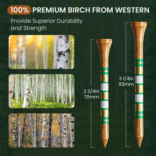 FINGER TEN Golf Tees - Wooden Golf Tees for Men | 100 Pack, 1.5" to 3.25" Sizes, Durable & Stable