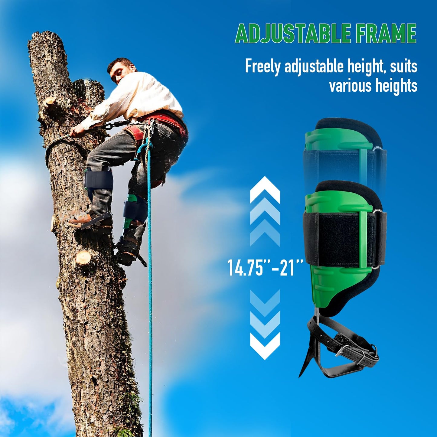 Tree Climbing Spikes Set,Adjustable Tree Climbing Gear with Straps and Spike Protectors , 350lbs Load Capacity, Green, Classic Style, Tree Climbing Gear Kit for Climbers, Fruit Picking & Lumberjack