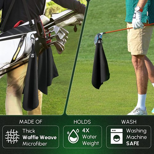 SOOWASH Magnetic Golf Towel 2-Pack, 18x18 Inch Microfiber Waffle Design with Strong Magnet - Golf Towels for Golf Bags/Carts, Quick-Dry & Ultra Absorbent(Black)