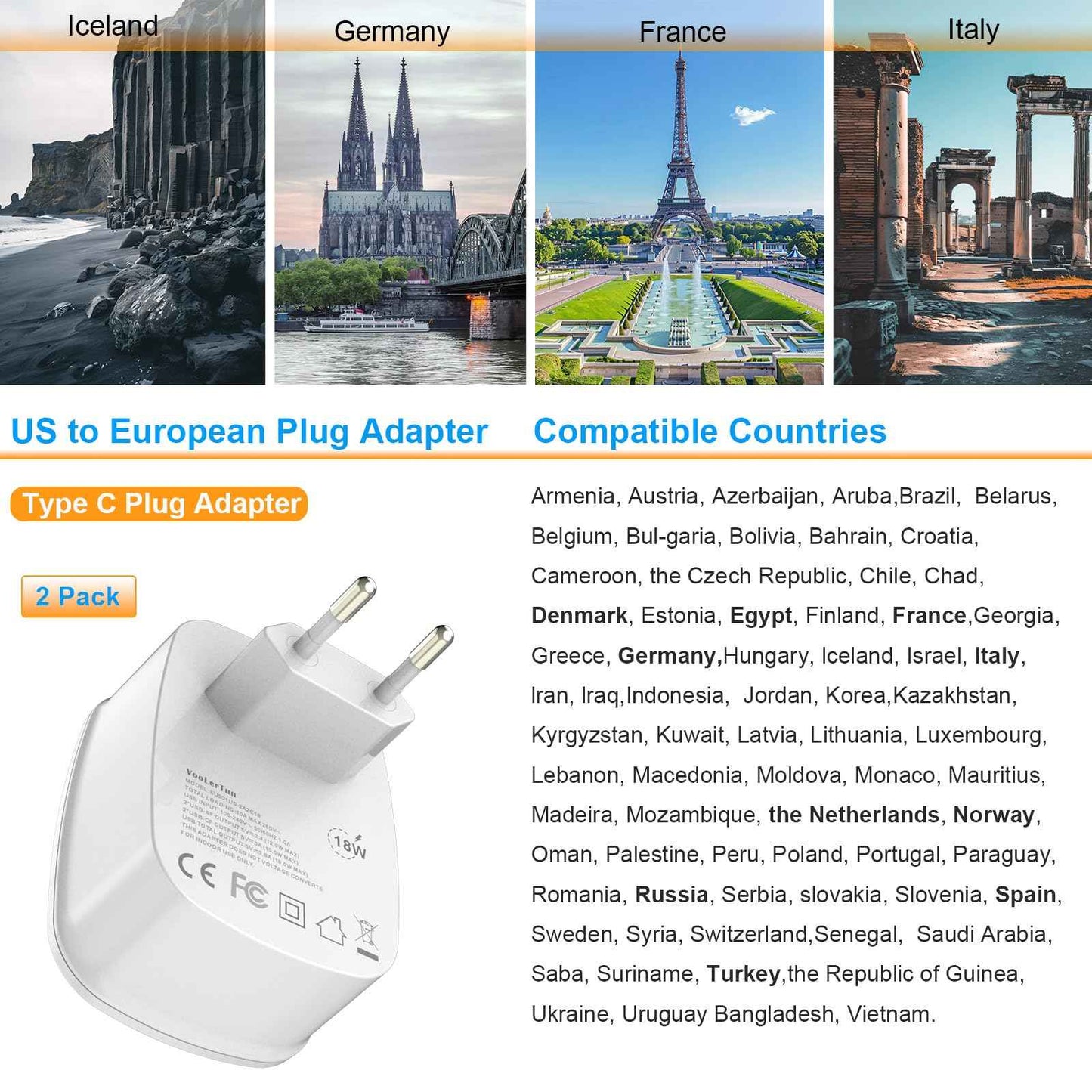 2 Packs Type C Plug Adapter, VooLerTun Denmark Germany Frence Travel Adapter with 4 USB Charger Ports (2 USB C) Power Adapter, 1 American Outlet Adapter. US Converter for EU European Travel