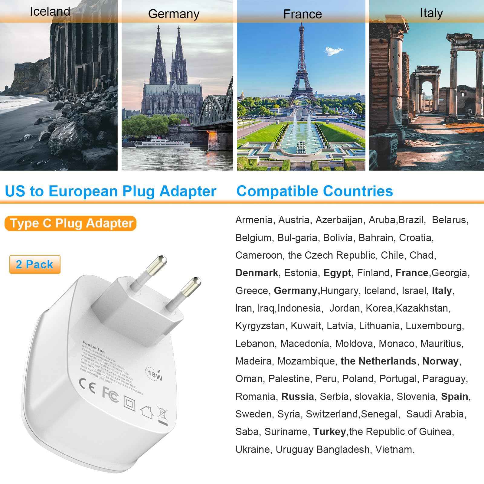 2 Packs Type C Plug Adapter, VooLerTun Denmark Germany Frence Travel Adapter with 4 USB Charger Ports (2 USB C) Power Adapter, 1 American Outlet Adapter. US Converter for EU European Travel