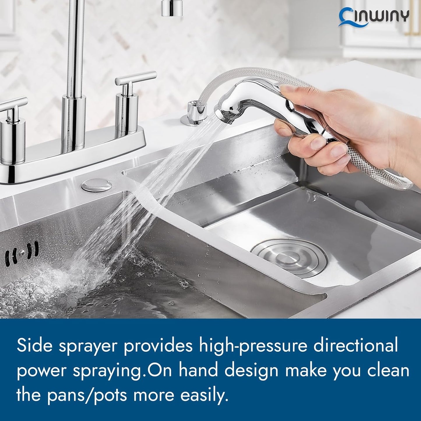Brushed Nickel Kitchen Faucet with 360° Rotating Spout & Side Sprayer - 2 Handle, 8 Inch Centerset