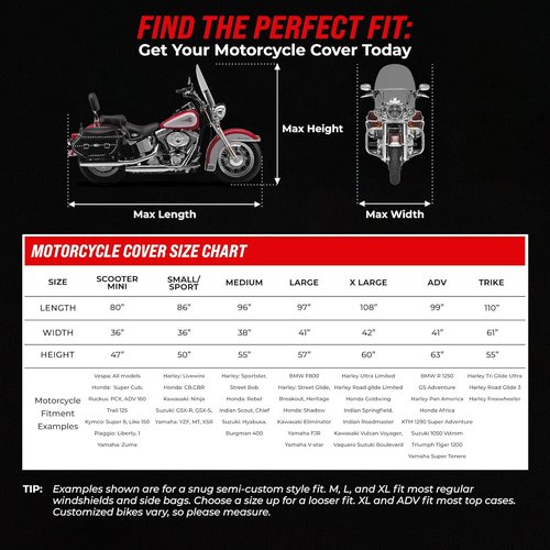 Badass Moto Motorcycle Cover - Waterproof Heavy-Duty All-Season Protection for Harley Davidson & Cruiser Bikes | Large 97L