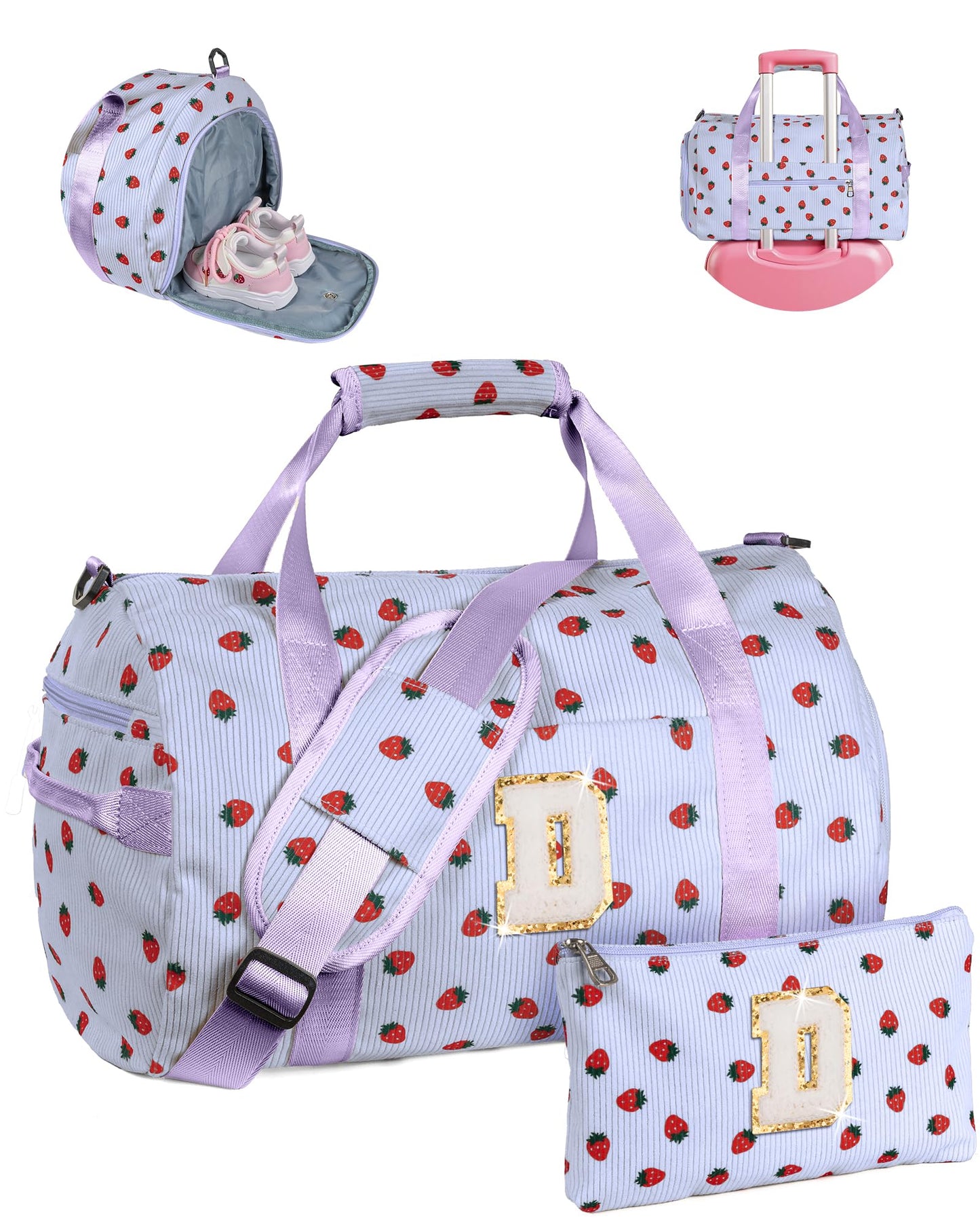Vogewood 10 Year Old Girl Birthday Gifts, Girls Gym Bag, Kids Personalized Overnight Duffle Bags with Shoe Compartment, Monogram Travel Tote with Makeup Bag, Gift for Gymnastics Girl (Letter D)