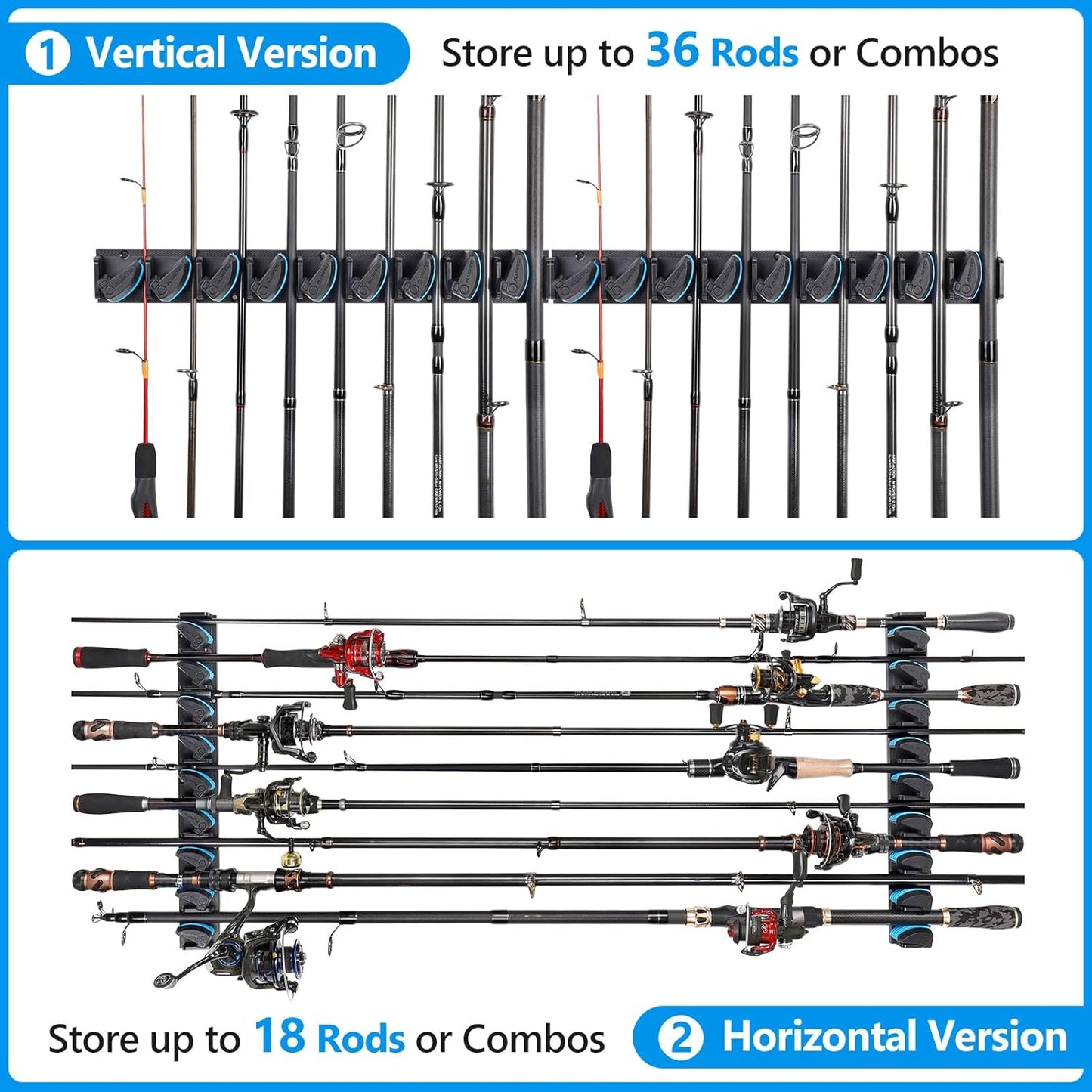 PLUSINNO Fishing Rod Rack - Wall-Mounted Holder for 36 Rods | 4-Pack Fishing Gear Organizer