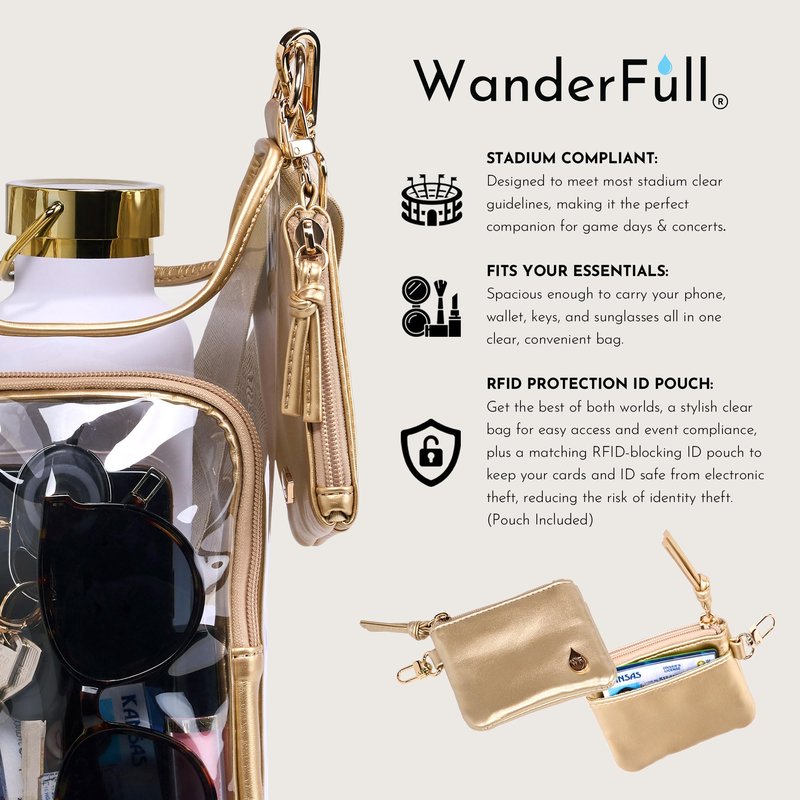 WanderFull® Clear Stadium HydroBag® w/Matching Pouch Fits Up to 32 oz Water Bottle Holder w/Strap, Hands-Free Crossbody Water Bottle Carrier Bag w/Phone Pocket, Tumbler Accessories - Gold Trim