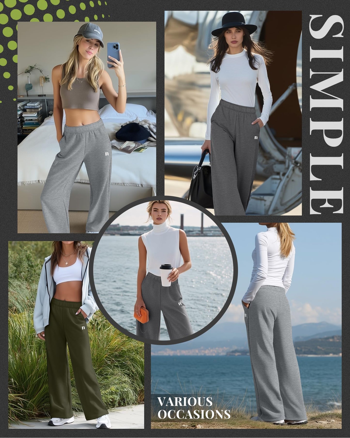 Neer 3 Pack Womens Wide Leg Sweatpants Lounge Athletic Joggers Elastic Waist Baggy Straight Leg Long Pants with Pockets(Black, Dark Mixed Gray, Light Mixed Gray,Medium)