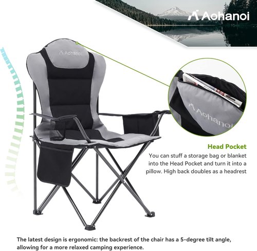 Aohanoi Camp Chairs - Heavy-Duty Folding Outdoor Chairs with Cup Holder & Cooler Bag | Supports Up to 300lbs (2 Pack, Black)