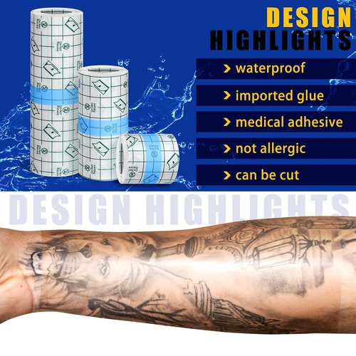 Nuanchu 9 Rolls Tattoo Aftercare Bandage Waterproof Transparent Stretch Adhesive Bandages Tape Clear Tattoo Film Wrap for Swimming, 3 Sizes(2 Inch, 4 Inch, 6 Inch Wide)