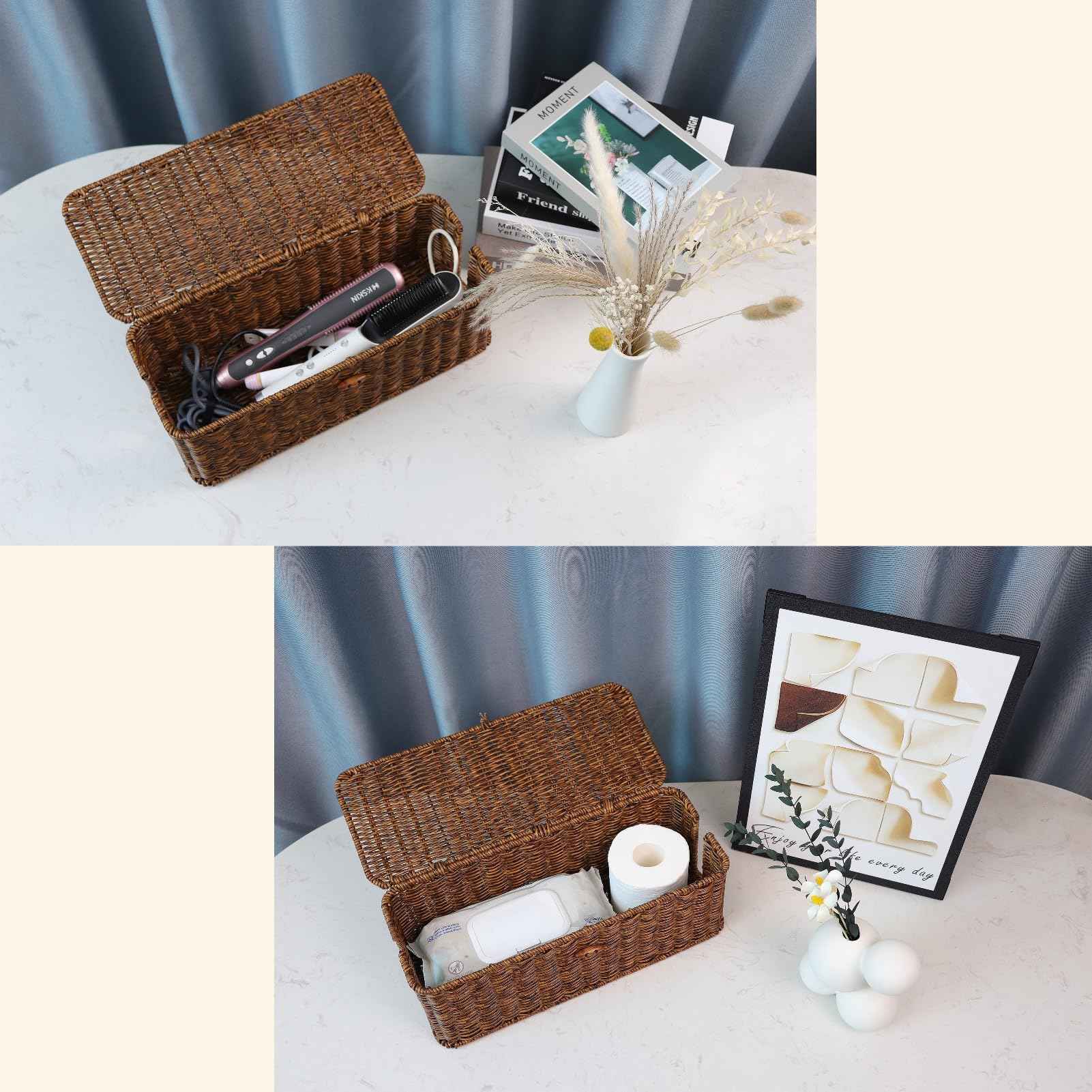 BROWNLILY Cable Management Box, Rattan Style Cord Organizer for Desk Cord Hider Outlet Covers Baby Proofing for Power Strip TV PC Router Charger Under Desk Storage with Lockable Lid and Cable Ties