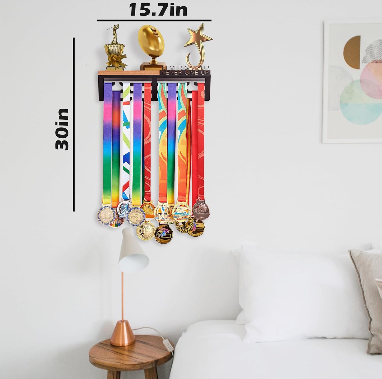 Medal Hanger Display & Trophy Shelf Combo - Unique 5.3" Deep Design for Large Trophies | Never Give Up Soccer Wall Decor