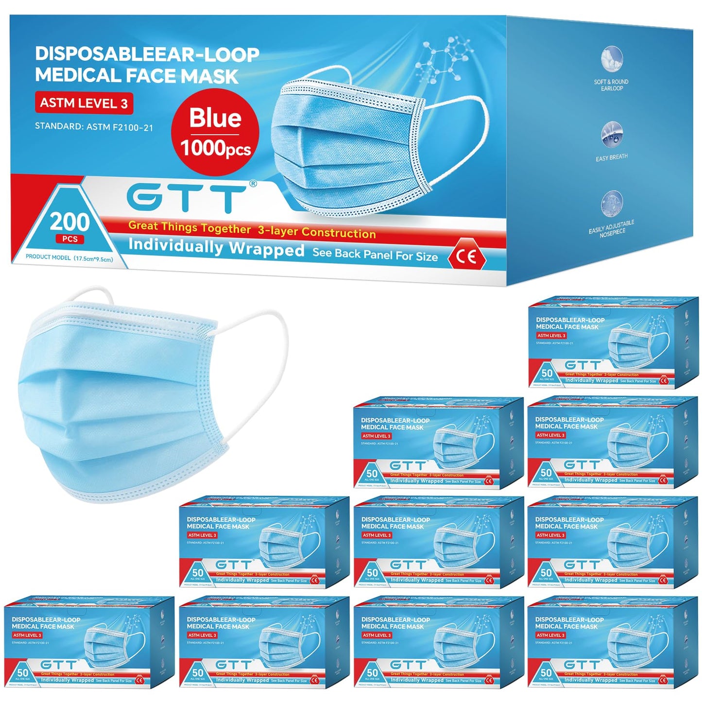 GTT 50PCS ASTM Level 3 Highly Protective 3 Layer Face Mask with Ear Loops - Individual Packaging, Blue