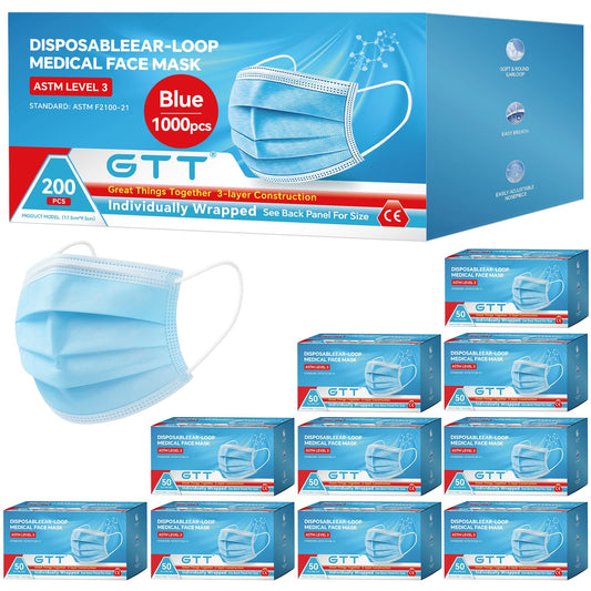GTT 50PCS ASTM Level 3 Highly Protective 3 Layer Face Mask with Ear Loops - Individual Packaging, Blue