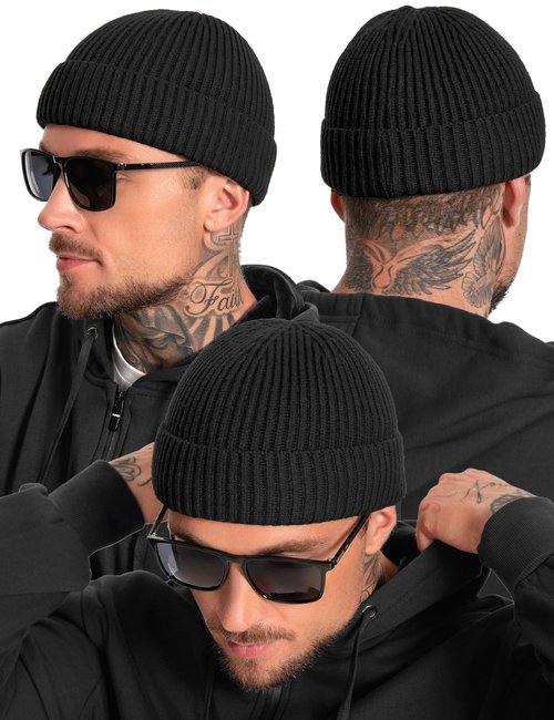choshion Fleece Lined Wool Fisherman Beanie for Men Women, Thermal Skull Cap Winter Hats, Cold Weather Warm Knit Cuffed Cap, Black