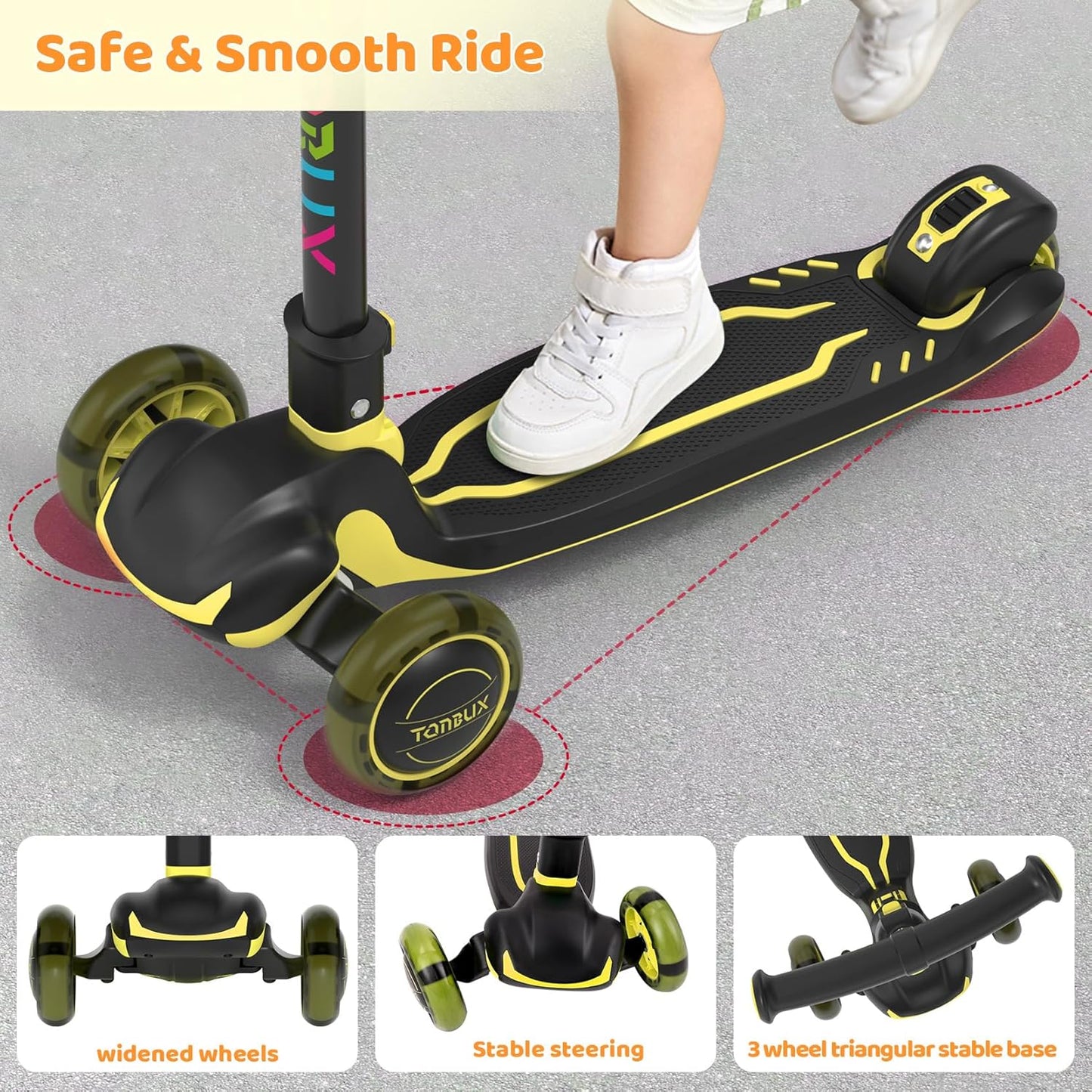 TONBUX Kids Scooter - Light-Up 3-Wheel Kick Scooter for Ages 3-12 | Adjustable Height & Anti-Slip Deck