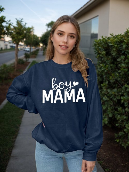 YHHR Mama Sweatshirts for Women Boy Mom Letter Print Long Sleeve Pullover Casual Crew Neck Fall Blouse Tops Blue