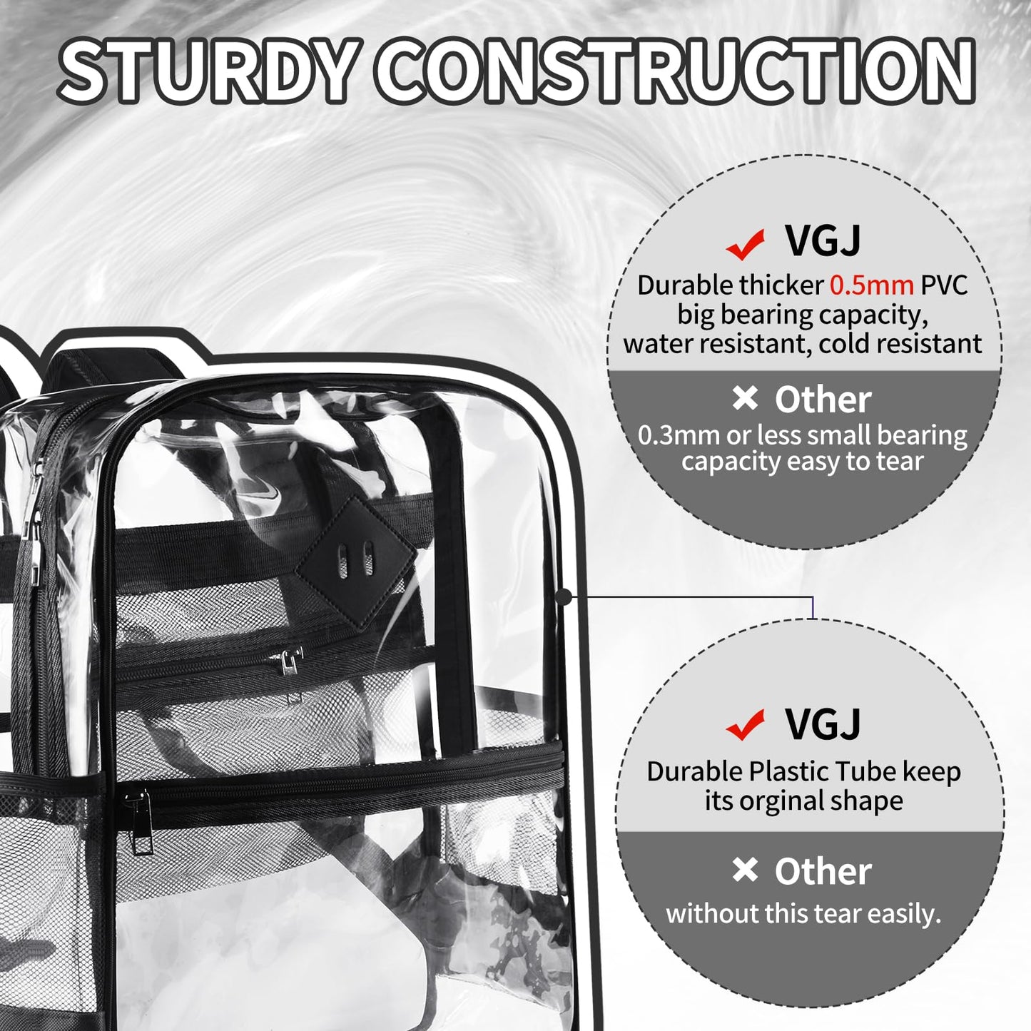 VGJ Clear backpack,Clear Backpack for School,Heavy Duty PVC Transparent Backpack, With Water-Resistant PVC Plastic Material and Ruggedly Ruinforced Shoulder Straps