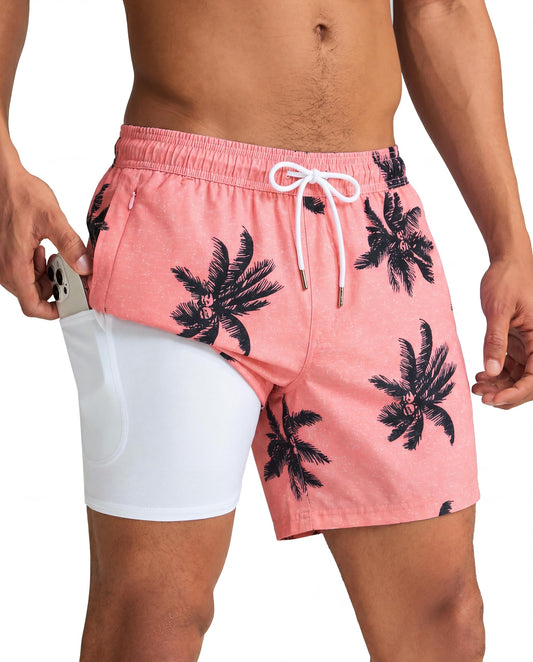 maamgic Mens Swim Trunks with Compression Liner 5 Inch, Quick Dry Bathing Suit with Zipper Pockets, Stretch No-Chafing Swim Shorts, Pink-Palm Tree Medium