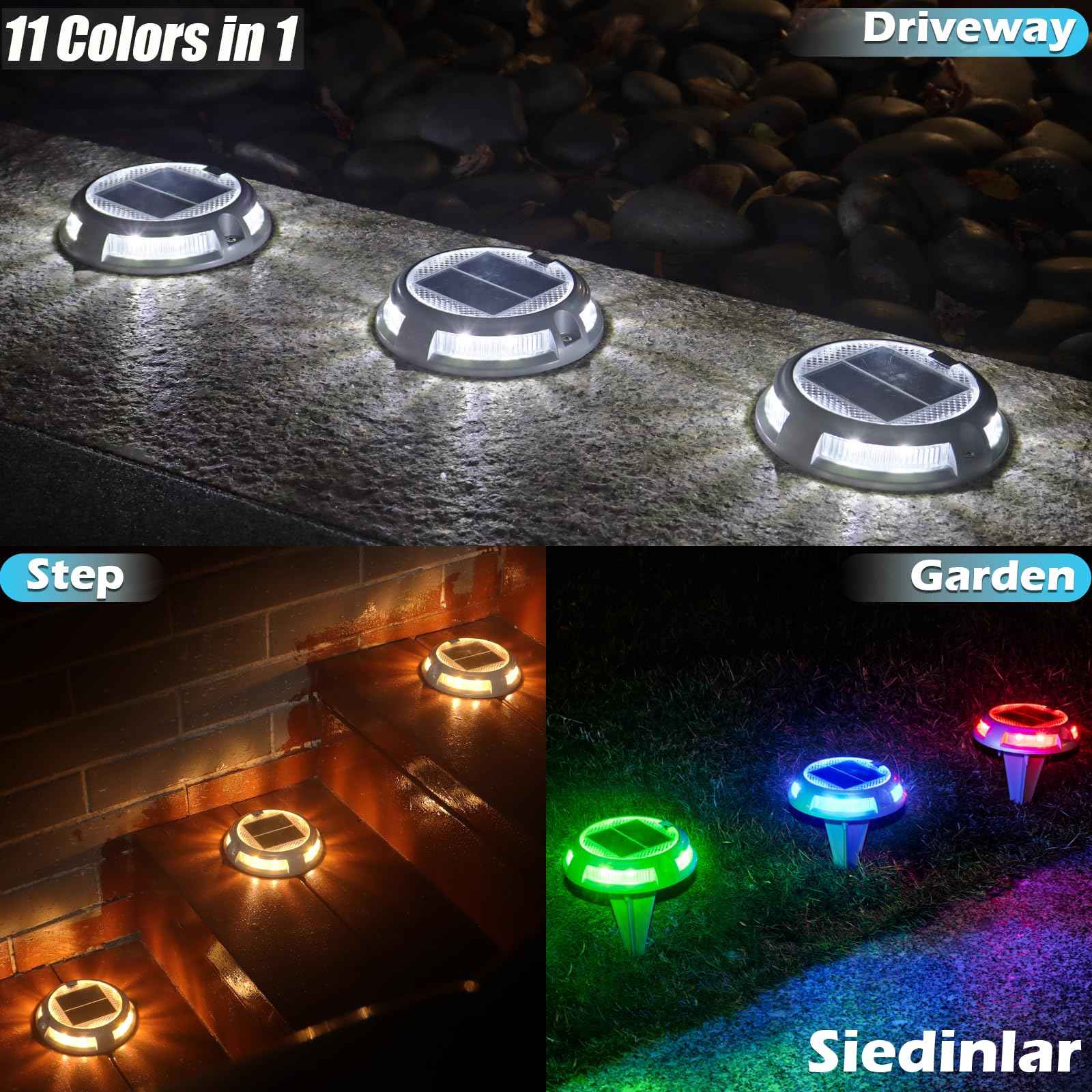 SIEDiNLAR Solar Driveway Lights Outdoor 16 LEDs 9 Modes, Dock Markers Deck Lights Waterproof Warning for Driveway Walkway Step Pathway Ground Yard Garden, RGB (8 Pack)
