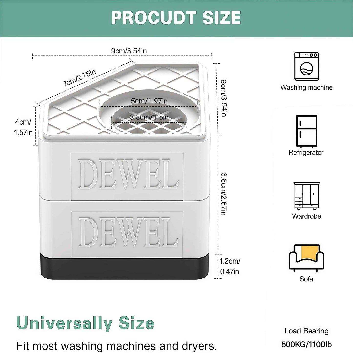 DEWEL Anti Vibration Pads for Washing Machine, 8 Pcs Washer and Dryer Pedestals Stackable Double Heighten Rubber Anti Vibration Pads, Shock Absorption & Non-Slip Floor Protection for Laundry Room