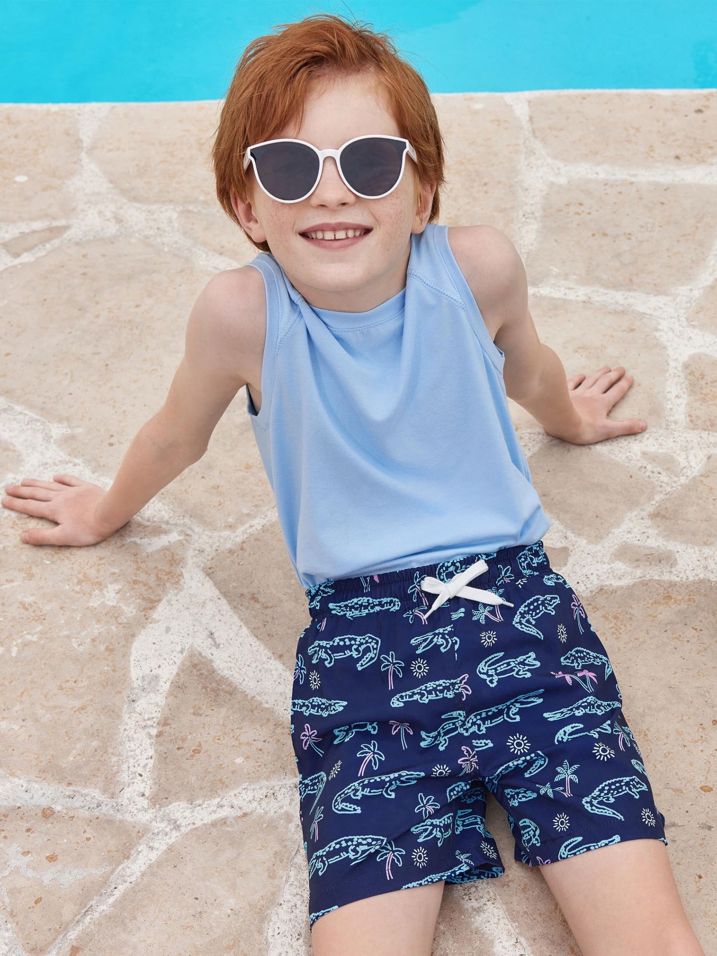 Haloumoning Boys Swim Trunks with Compression Liner Kids Drawstring Bathing Suit Quick Dry Swim Shorts 5-14 Years Navy Blue
