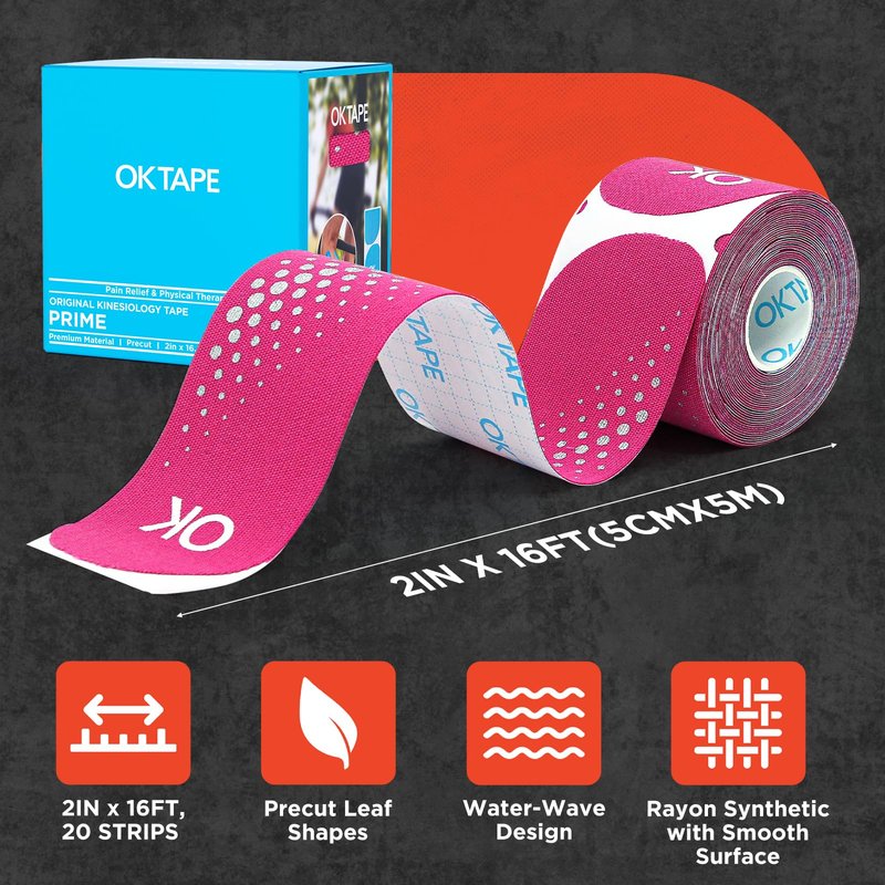 OK TAPE Synthetic Kinesiology Tape Precut Strips, Waterproof Kinesiology Athletic Tape for Joint & Muscle Support, Reflective and Durable Tape, 2in×16.4ft Roll 20PCS | Pink