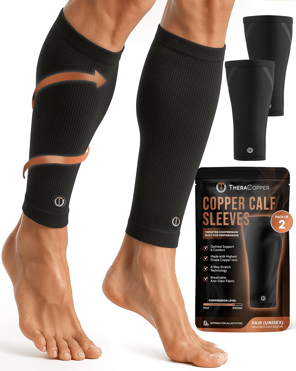 TheraCopper Copper Calf Compression Sleeve - Breathable Non-Slip Shin Support for Men & Women | Ideal for Runners & Muscle Recovery