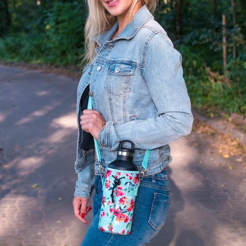 Made Easy Kit Neoprene Water Bottle Carrier Holder with Adjustable Shoulder Strap for Insulating & Carrying Water Container Canteen Flask Available in 5 Sizes (Black, XL (64oz))