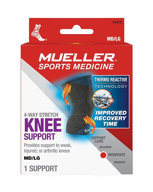 Mueller Sports Medicine FIR 4-Way Stretch Knee Support, Knee Pain Relief Support for Men and Women, Ideal for Arthritis, Sprains, Gray/Blue (Pack of 1)