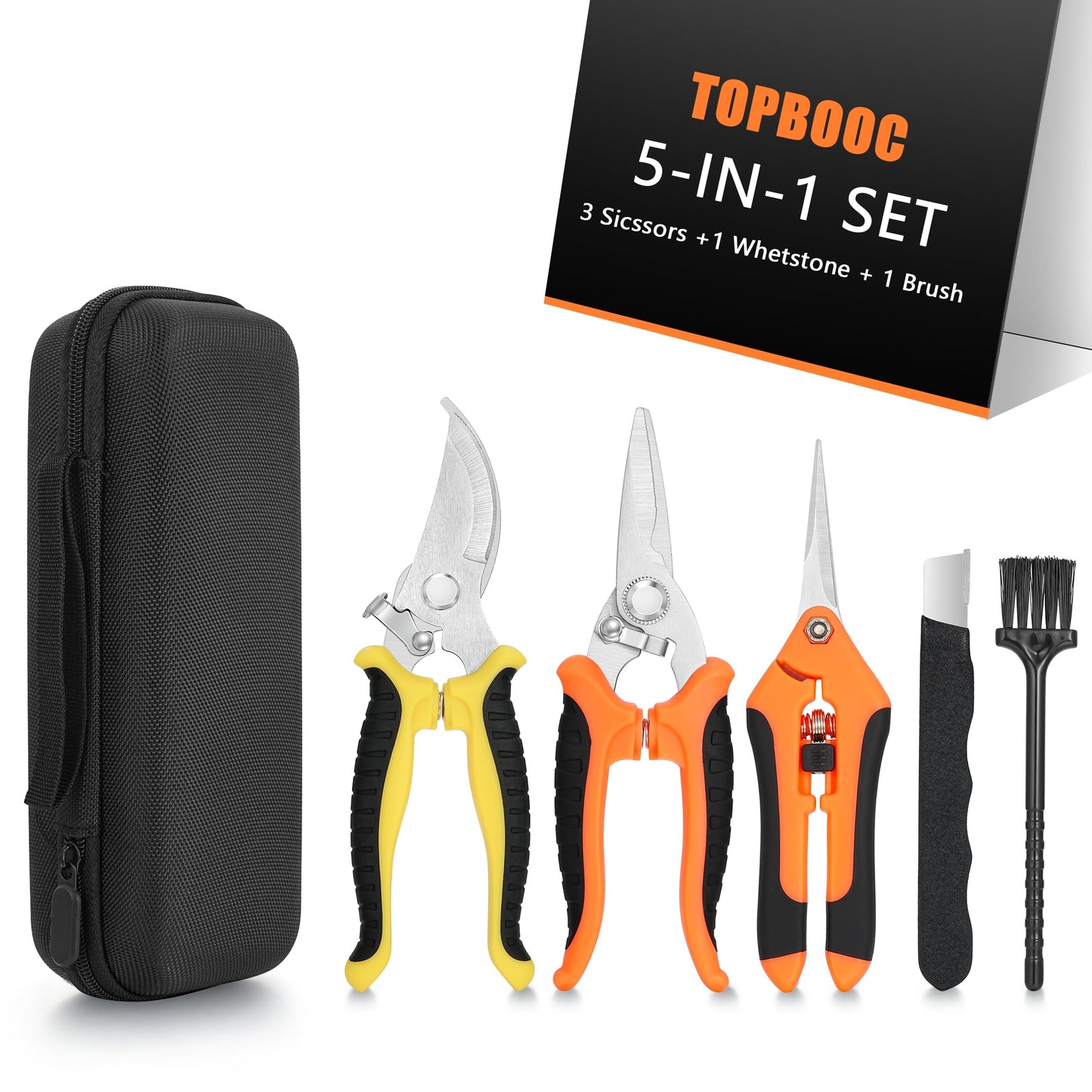 3-pack Garden Pruning Shears Set with Stainless Steel Blades, Bypass Pruners, Handheld Secateurs, Tree Trimmers, & Scissors Whetstone,a Clean Brush and a Hard Case, Ideal for trimming, pruning