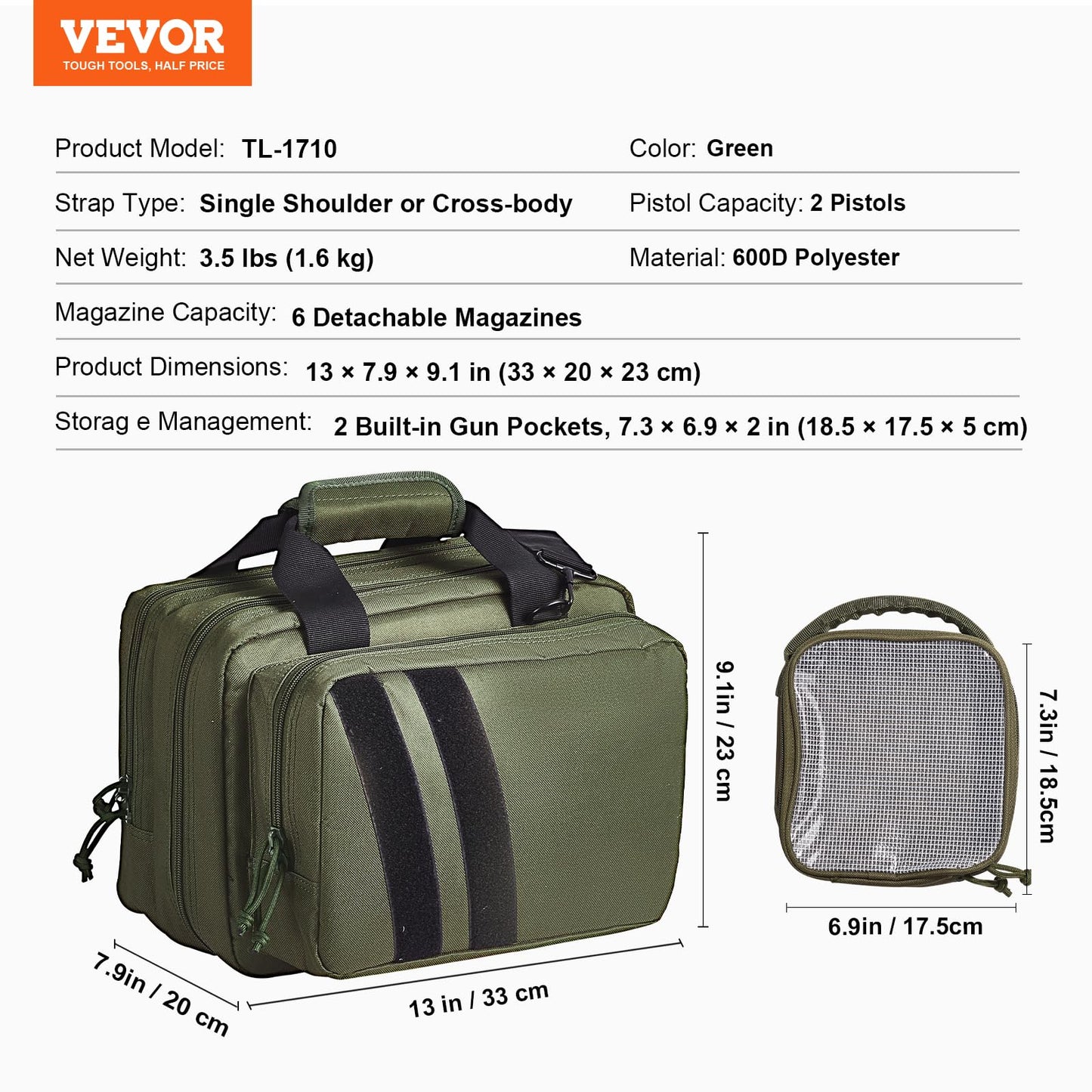 VEVOR Gun Bag with Detachable Baffles & 6 Magazines Shooting Handgun Bag for Outdoor Hunting Shooting Pistol Bag Case (2 Removable Pistol Bags, Green, 13 x 7.9 x 9.1 in)